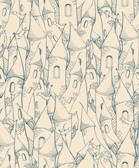 Seamless pattern with cartoon towers, sketch towers, beige and blue