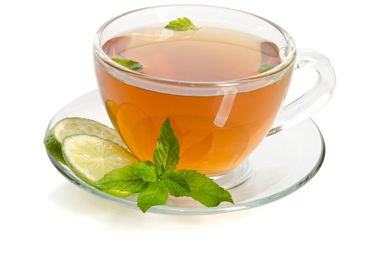 Glass Cup Tea with Mint and Slices of Lime , Isolated on White B