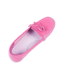 Single pink casual leather flat shoes isolated on white backgrou