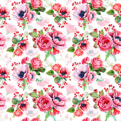 Seamless pattern of watercolor poppies and roses. Illustration of flowers. Vintage. Can be used for gift wrapping paper.