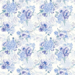 Fototapeta na wymiar Seamless pattern. Watercolor hydrangea, poppies, currant. Illustration of flowers. Vintage. Can be used for gift wrapping paper. Monochrome color.