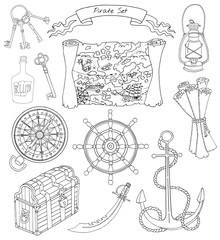 Black and white set of pirate theme objects.