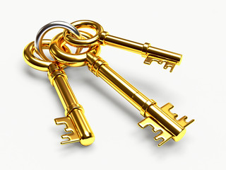 Set of golden keys on the ring isolated on white background