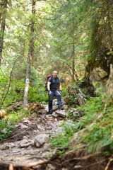 Naklejka premium Man hiker on a marked trail through the forest