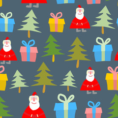 Santa Claus, gift and Christmas tree. Christmas seamless pattern