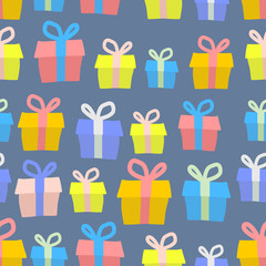 Gifts seamless pattern. Vector background of colored boxes with