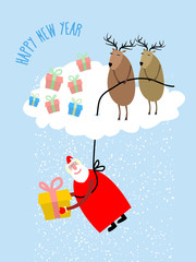 Santa Claus comes down on a rope and gives a gift. Deer on cloud