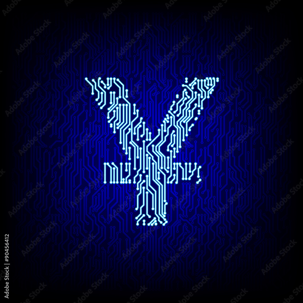 Poster cyber money concept. circuit board yuan symbol on the digital high tech style vector background.