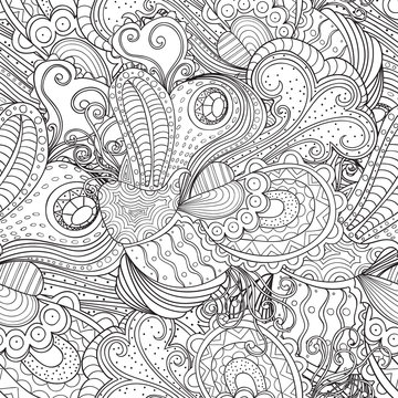 Black and white doodle seamless pattern. Hand-drawn wavy zentangle background.