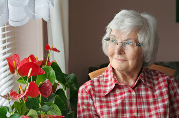  Seniorin sitzt am Fenster und schaut gedankenverloren hinaus