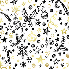 Christmas and New Year golden seamless pattern