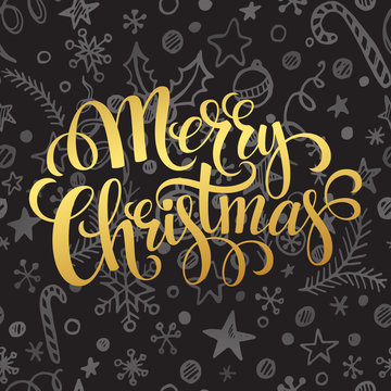 Gold Merry Christmas lettering in chalk seamless pattern