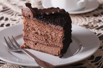 A piece of dark chocolate cake on a plate closeup. Horizontal
