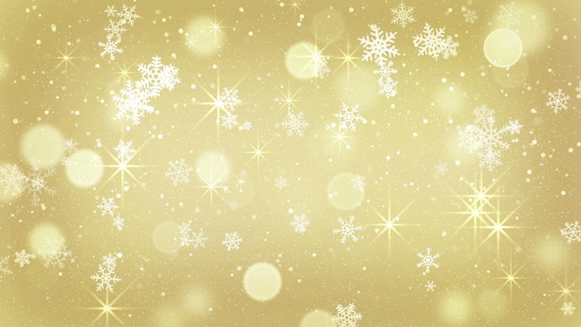 golden snowflakes and stars falling. Computer generated seamless loop background. 4k (4096x2304)
