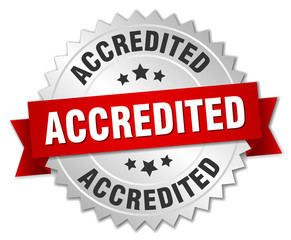 accredited 3d silver badge with red ribbon