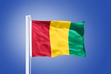 Flag of Guinea flying against a blue sky