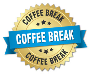 coffee break 3d gold badge with blue ribbon