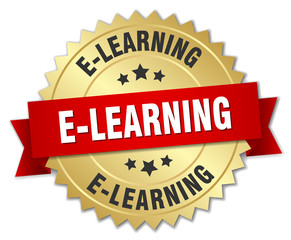 e-learning 3d gold badge with red ribbon