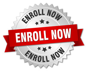 Obraz premium enroll now 3d silver badge with red ribbon