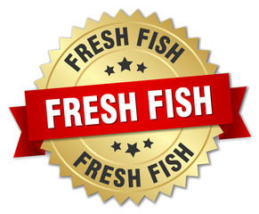 fresh fish 3d gold badge with red ribbon