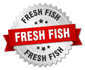 fresh fish 3d silver badge with red ribbon