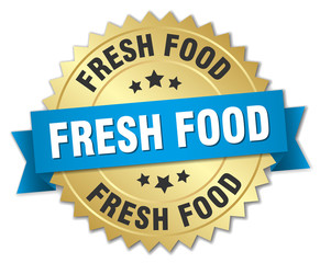 fresh food 3d gold badge with blue ribbon
