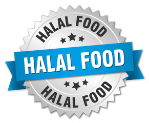 halal food 3d silver badge with blue ribbon