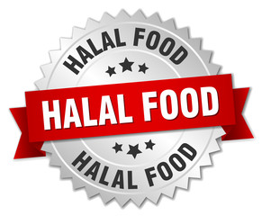 halal food 3d silver badge with red ribbon