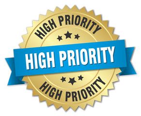 high priority 3d gold badge with blue ribbon
