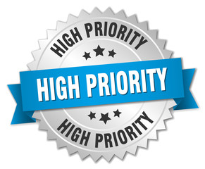 high priority 3d silver badge with blue ribbon