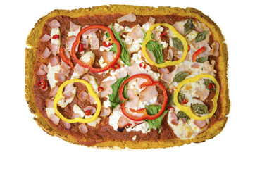 Top view of rectangular 3 in 1 oven baked cauliflower pizza crust topped with halloumi,cottage,mozzarella cheese,spinach,turkey,ham,peppers, chili, basil and tomato sauce. A healthy gluten free snack.