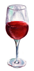 A watercolor drawing of a glass of red wine on white background