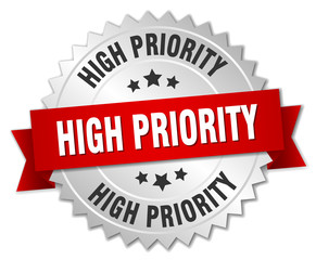 high priority 3d silver badge with red ribbon