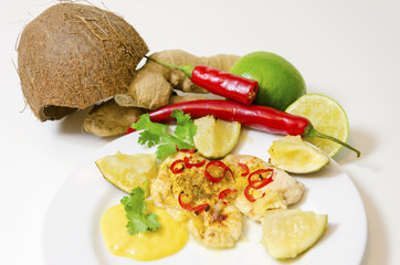 Lime chili chicken.Roasted in the oven breast fillet garnished with chili,ginger,coconut and lime served in a plate with mango sauce,raw vegetables on a white background.A healthy asian cuisine dish.