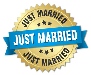 just married 3d gold badge with blue ribbon