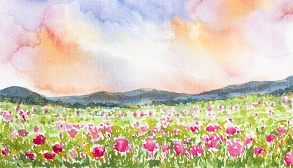 pink flower field landscape watercolor painted - Powered by Adobe