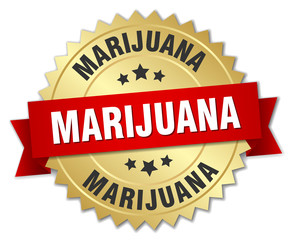 marijuana 3d gold badge with red ribbon