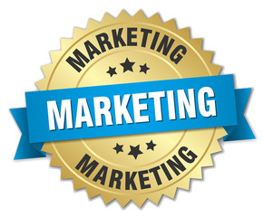 marketing 3d gold badge with blue ribbon