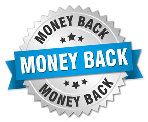 money back 3d silver badge with blue ribbon