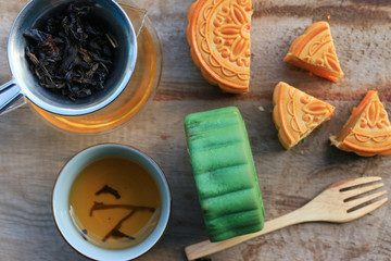 Festival moon cake and hot tea - Chinese cake