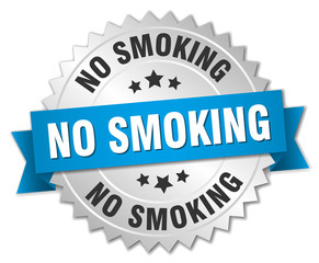 no smoking 3d silver badge with blue ribbon