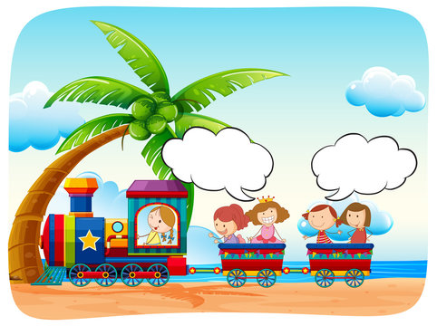 Kids on train at the beach