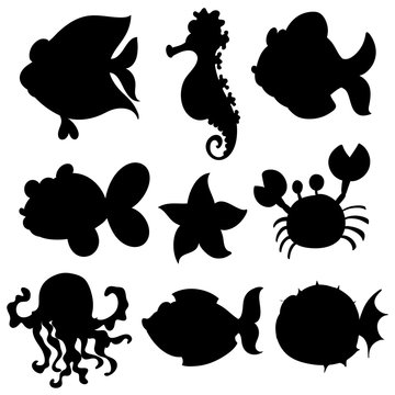 Set of aquatic animals in black