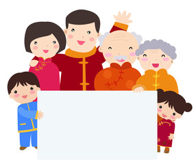 A traditional chinese new year celebration,the family with banner - happy new year and happy family