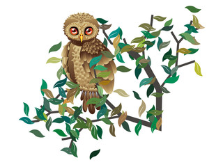 Owl on Branch with Leaves