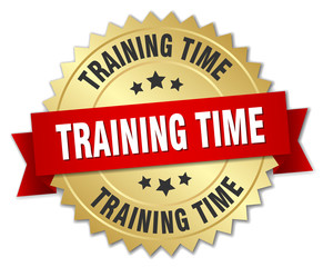 training time 3d gold badge with red ribbon