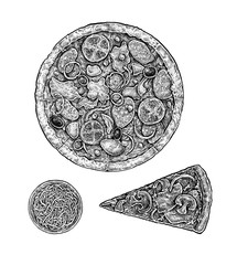Set of hand drawn ink pizza and ingredients. Black and white ras