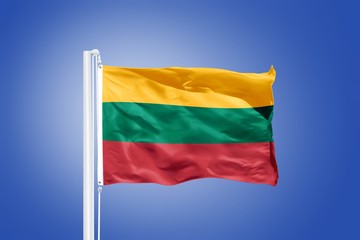 Flag of Lithuania flying against a blue sky