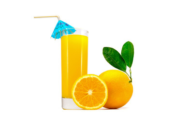 glass of fresh orange juice with a straw whole oranges with leaves and sliced orange isolated on white background