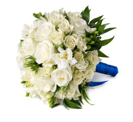 Bridal bouquet of white rose in bright colors with blue handle i